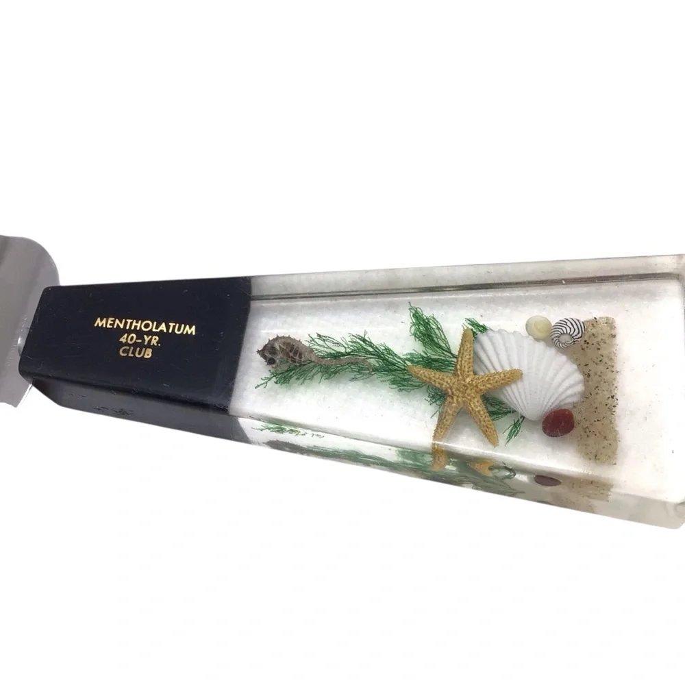 Vintage Clearfloat Mentholatum 40-Yr Club Lucite Cake Pie Server Seashell Beach
